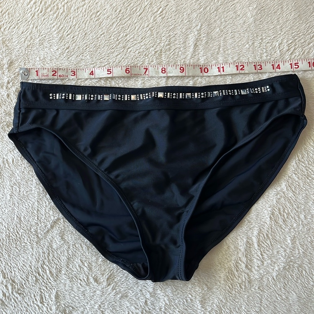 Beach Native, hipster bikini bottoms, black w/ silver stud & rhinestones trim